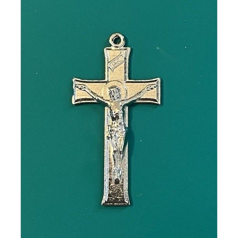 Cross Crucifix Pendant with Jesus Figure INRI Silver Tone Metal Etched Vintage